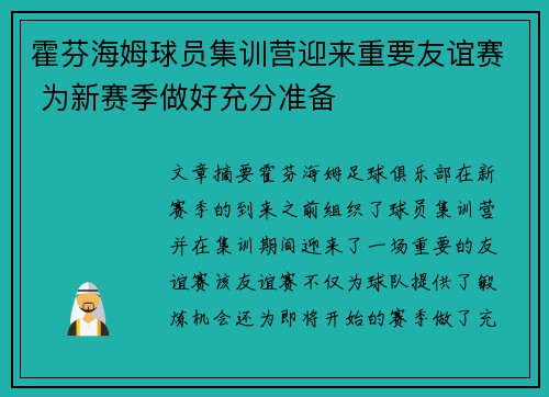 霍芬海姆球员集训营迎来重要友谊赛 为新赛季做好充分准备