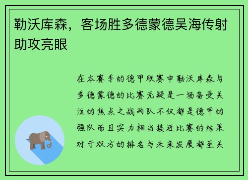 勒沃库森，客场胜多德蒙德吴海传射助攻亮眼