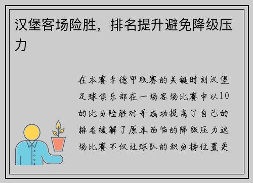 汉堡客场险胜，排名提升避免降级压力