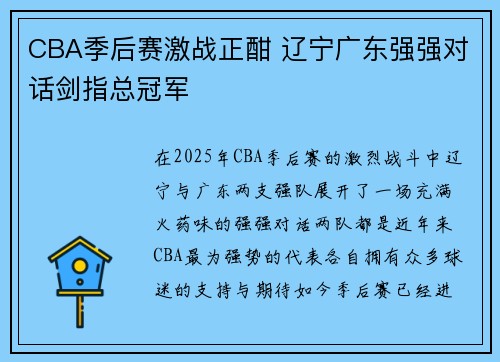 CBA季后赛激战正酣 辽宁广东强强对话剑指总冠军