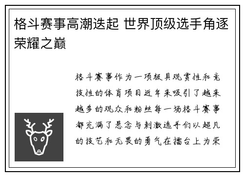 格斗赛事高潮迭起 世界顶级选手角逐荣耀之巅