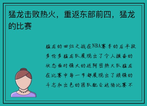 猛龙击败热火，重返东部前四，猛龙的比赛