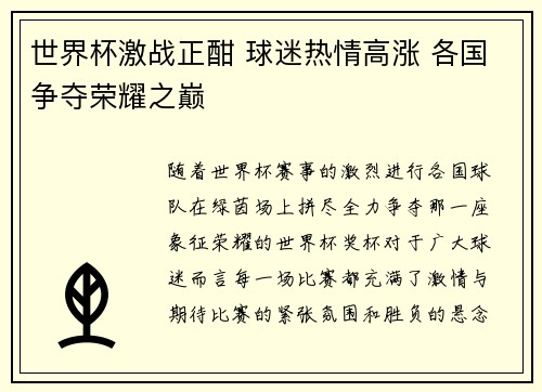 世界杯激战正酣 球迷热情高涨 各国争夺荣耀之巅